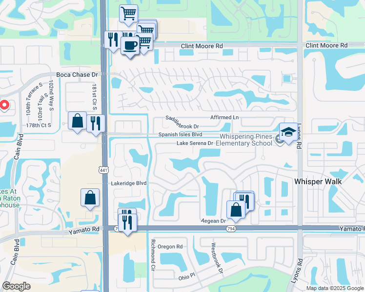map of restaurants, bars, coffee shops, grocery stores, and more near 9456 Lake Serena Drive in Boca Raton
