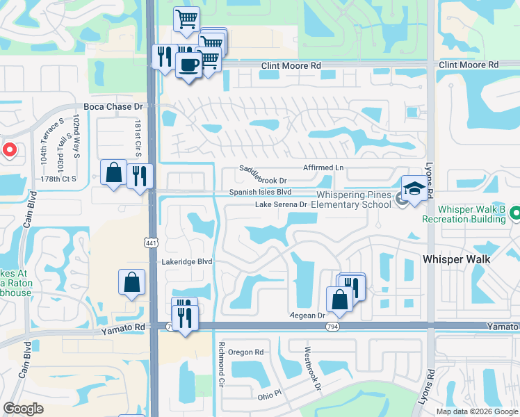 map of restaurants, bars, coffee shops, grocery stores, and more near 9460 Lake Serena Drive in Boca Raton