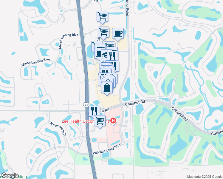 map of restaurants, bars, coffee shops, grocery stores, and more near 23191 Fashion Drive in Estero
