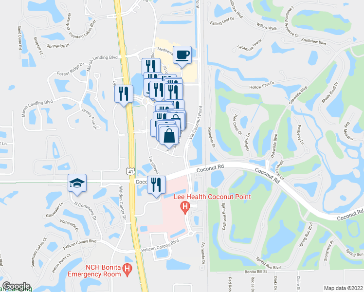 map of restaurants, bars, coffee shops, grocery stores, and more near 23161 Via Coconut Point in Estero