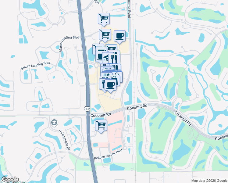 map of restaurants, bars, coffee shops, grocery stores, and more near 23191 Fashion Drive in Estero