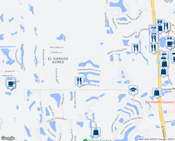 map of restaurants, bars, coffee shops, grocery stores, and more near 4121 Olde Mesdowbrook Lane in Bonita Springs