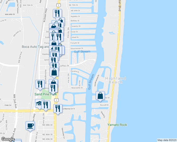 map of restaurants, bars, coffee shops, grocery stores, and more near 1034 Jeffery Street in Boca Raton