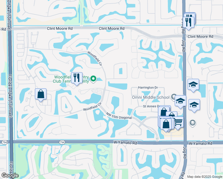 map of restaurants, bars, coffee shops, grocery stores, and more near 3495 Windsor Place in Boca Raton