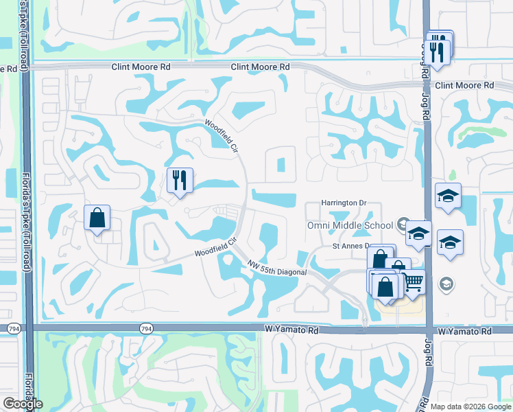 map of restaurants, bars, coffee shops, grocery stores, and more near 3495 Windsor Place in Boca Raton