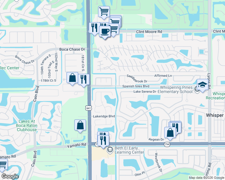 map of restaurants, bars, coffee shops, grocery stores, and more near 9805 Spanish Isles Drive in Boca Raton