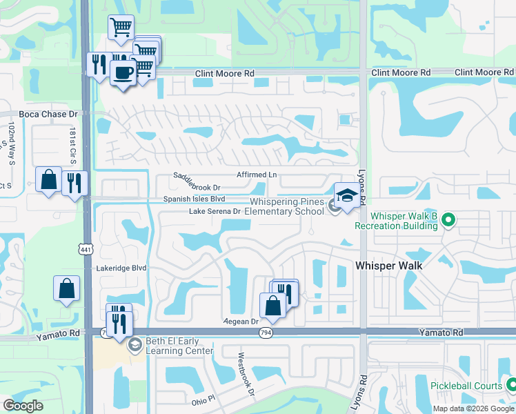 map of restaurants, bars, coffee shops, grocery stores, and more near 9387 Lake Serena Drive in Boca Raton