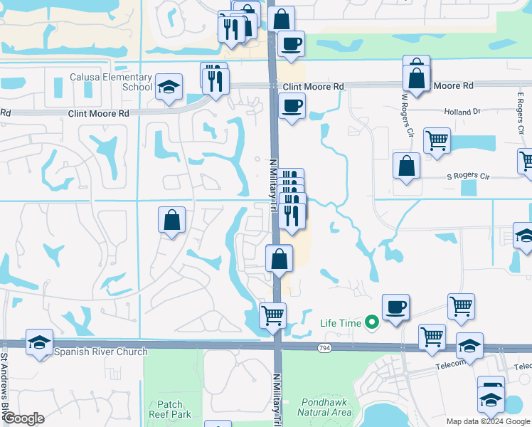 map of restaurants, bars, coffee shops, grocery stores, and more near 5547 North Military Trail in Boca Raton