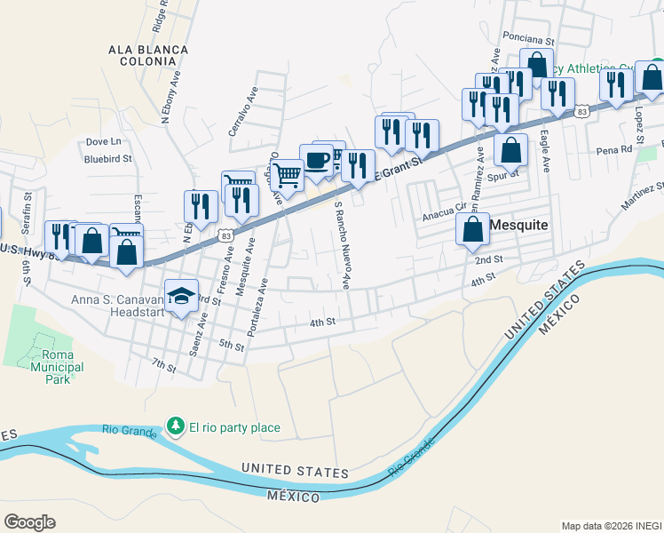 map of restaurants, bars, coffee shops, grocery stores, and more near 144 Willow Avenue in Roma