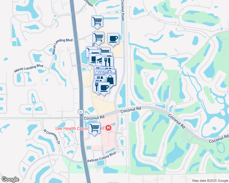 map of restaurants, bars, coffee shops, grocery stores, and more near 23159 Via Coconut Point in Estero