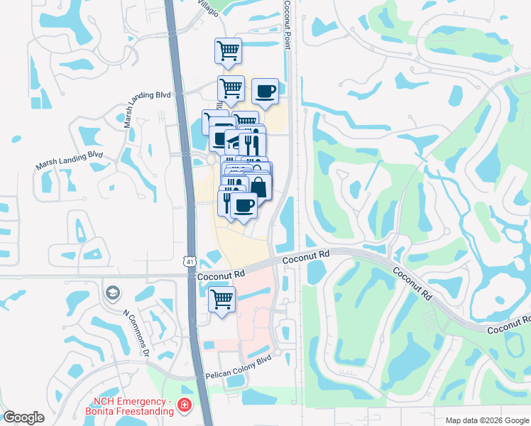 map of restaurants, bars, coffee shops, grocery stores, and more near 23159 Via Coconut Point in Estero