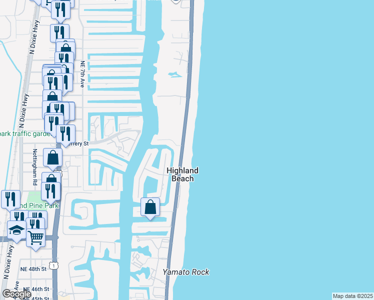 map of restaurants, bars, coffee shops, grocery stores, and more near 4121 South Ocean Boulevard in Highland Beach