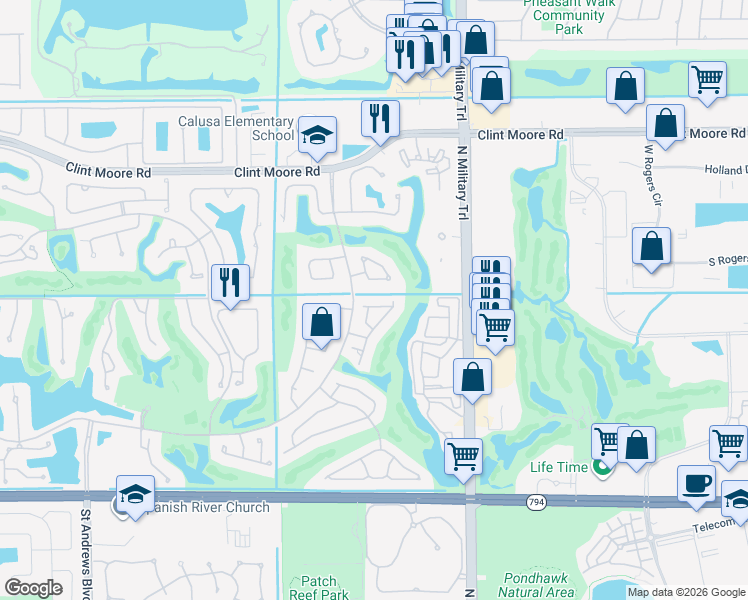 map of restaurants, bars, coffee shops, grocery stores, and more near 2159 Northwest 59th Street in Boca Raton