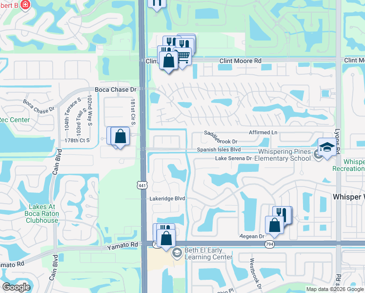 map of restaurants, bars, coffee shops, grocery stores, and more near 9805 Spanish Isles Drive in Boca Raton