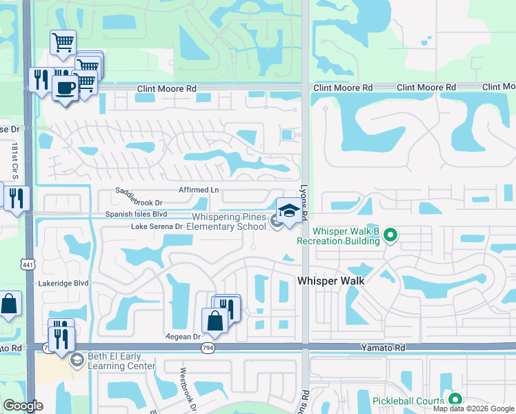 map of restaurants, bars, coffee shops, grocery stores, and more near 9120 Saddlecreek Drive in Boca Raton