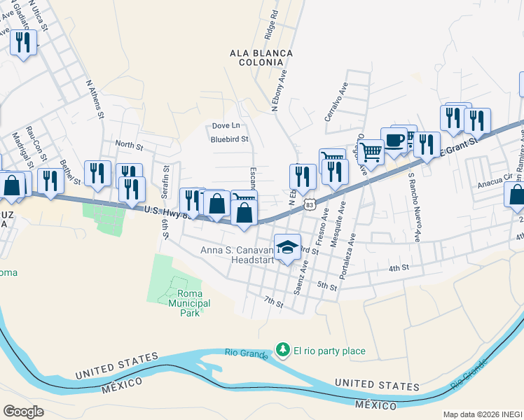 map of restaurants, bars, coffee shops, grocery stores, and more near 107 Olvera Avenue in Roma