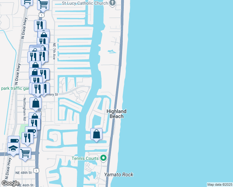 map of restaurants, bars, coffee shops, grocery stores, and more near 4121 South Ocean Boulevard in Highland Beach
