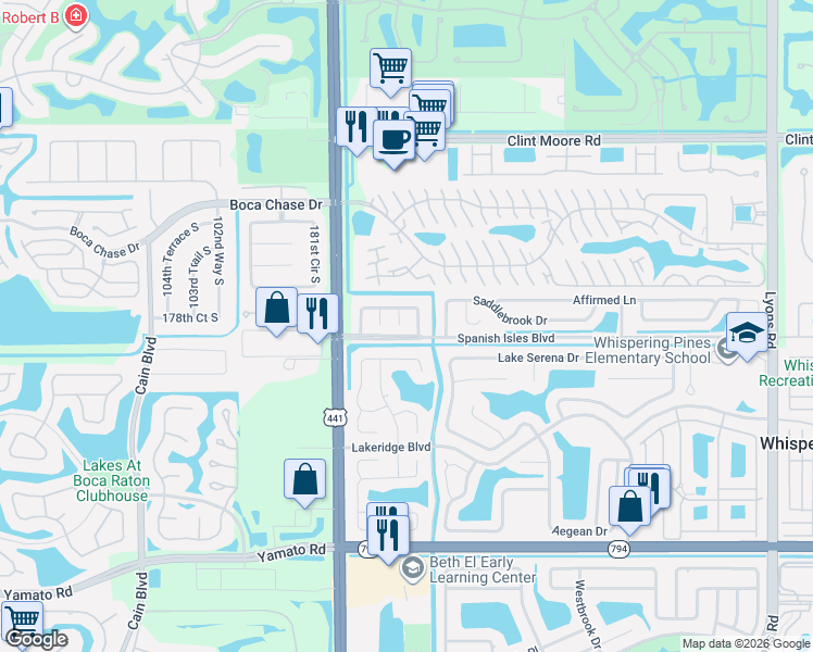 map of restaurants, bars, coffee shops, grocery stores, and more near 9805 Spanish Isles Drive in Boca Raton