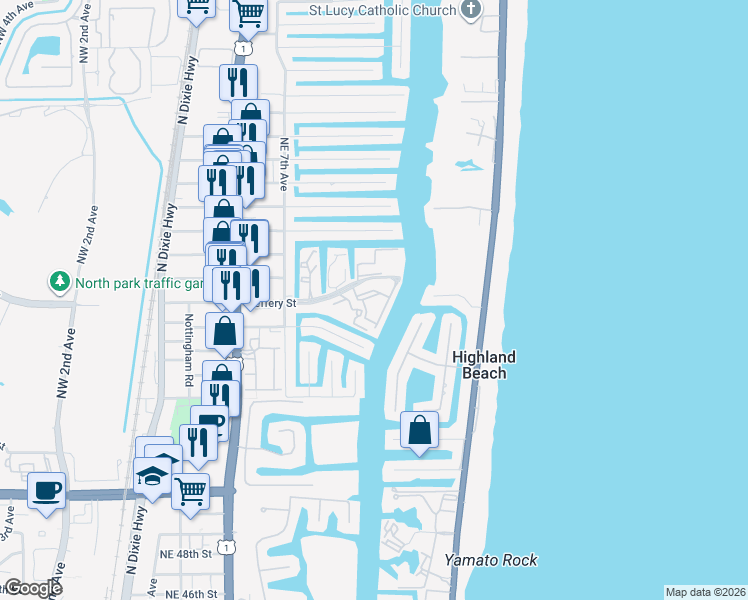 map of restaurants, bars, coffee shops, grocery stores, and more near 1034 Jeffery Street in Boca Raton