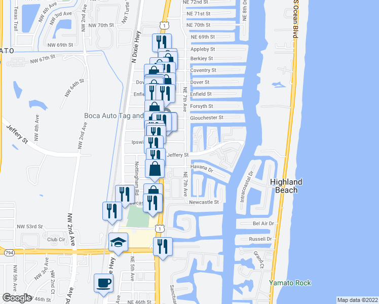 map of restaurants, bars, coffee shops, grocery stores, and more near 690 Jeffery Street in Boca Raton