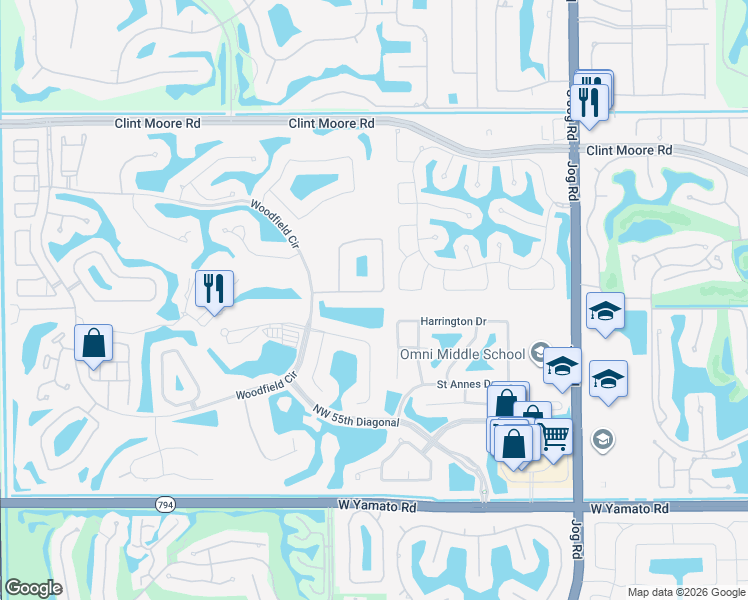 map of restaurants, bars, coffee shops, grocery stores, and more near 3516 Northwest Clubside Circle in Boca Raton