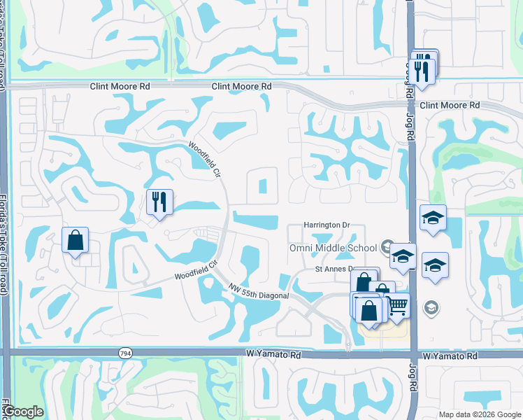 map of restaurants, bars, coffee shops, grocery stores, and more near 3516 Northwest Clubside Circle in Boca Raton