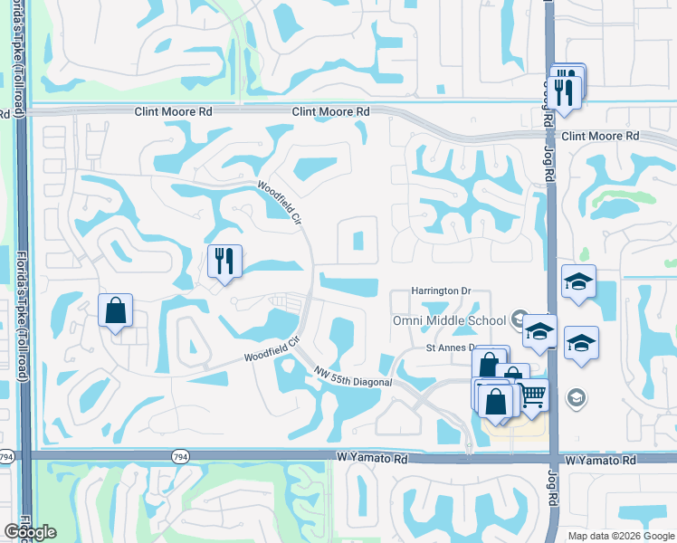 map of restaurants, bars, coffee shops, grocery stores, and more near 3495 Windsor Place in Boca Raton