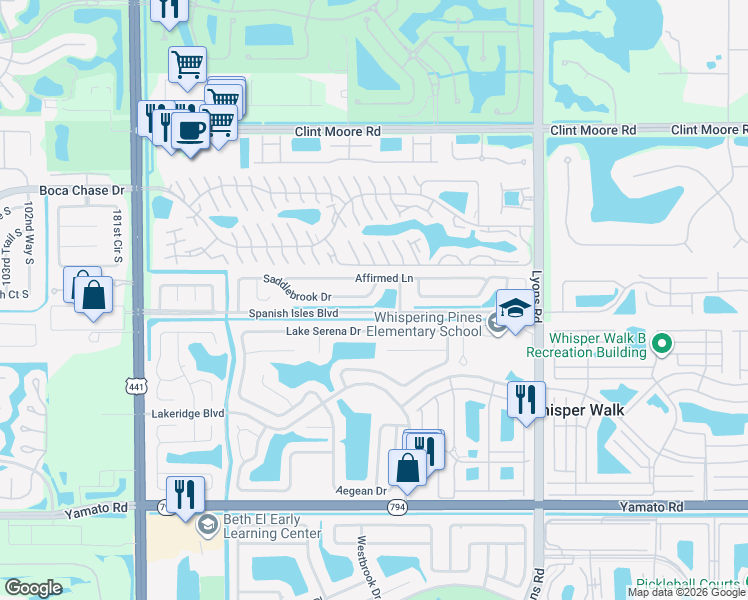 map of restaurants, bars, coffee shops, grocery stores, and more near 9387 Lake Serena Drive in Boca Raton