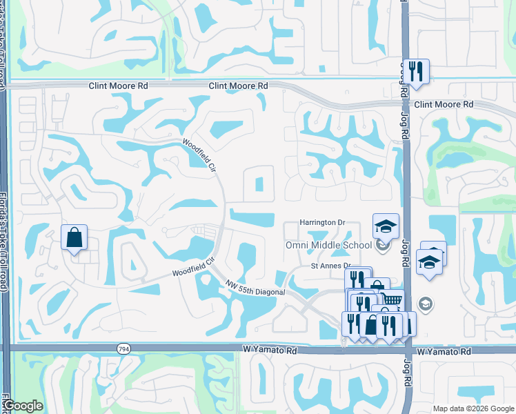 map of restaurants, bars, coffee shops, grocery stores, and more near 3516 Northwest Clubside Circle in Boca Raton