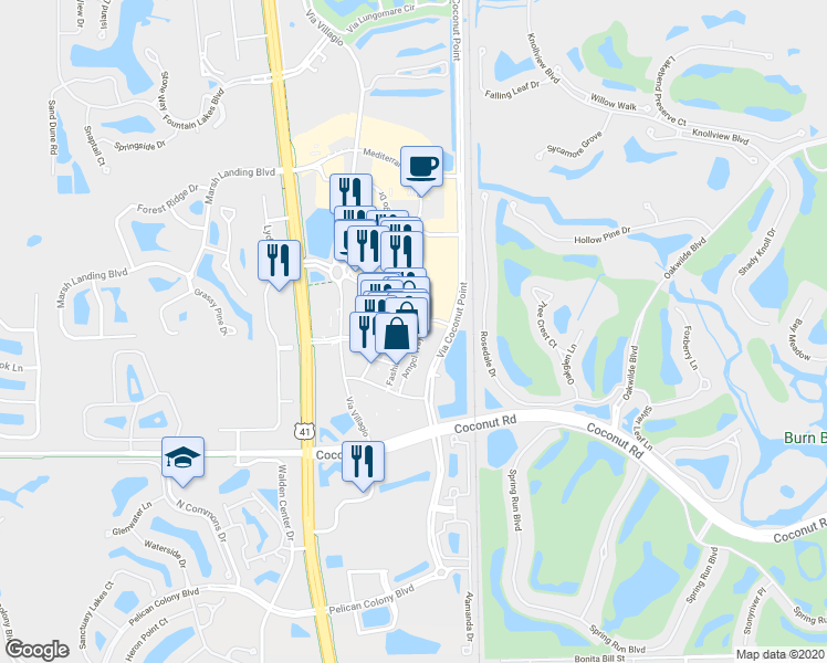 map of restaurants, bars, coffee shops, grocery stores, and more near 23161 Fashion Drive in Estero