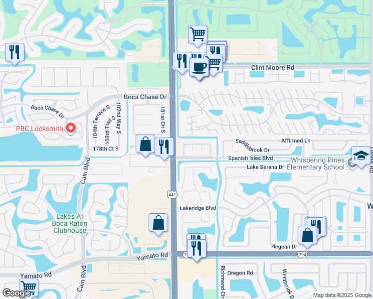 map of restaurants, bars, coffee shops, grocery stores, and more near 9958 Spanish Isles Drive in Boca Raton