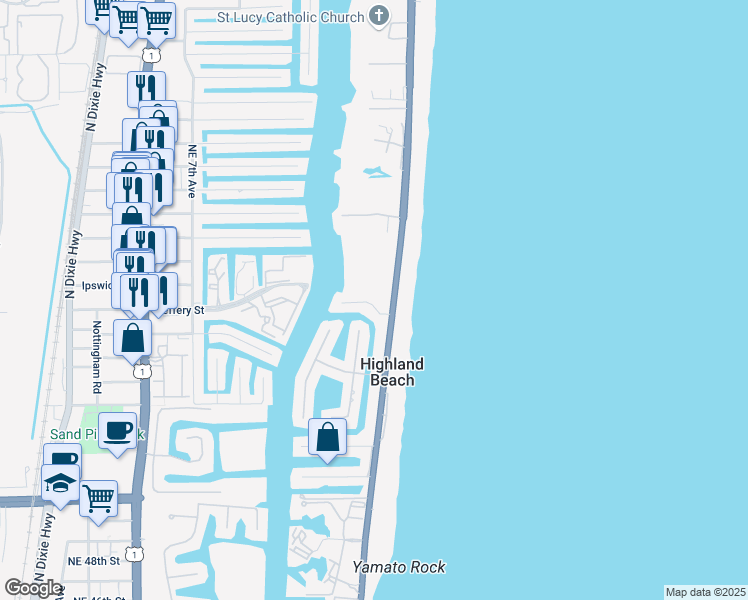 map of restaurants, bars, coffee shops, grocery stores, and more near 1111 Highland Beach Drive in Highland Beach