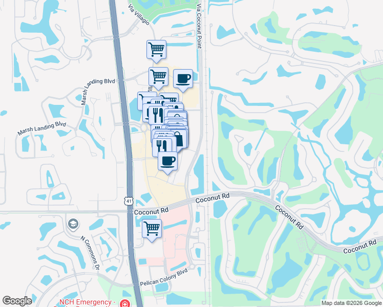 map of restaurants, bars, coffee shops, grocery stores, and more near Via Monte Carlo Way in Estero