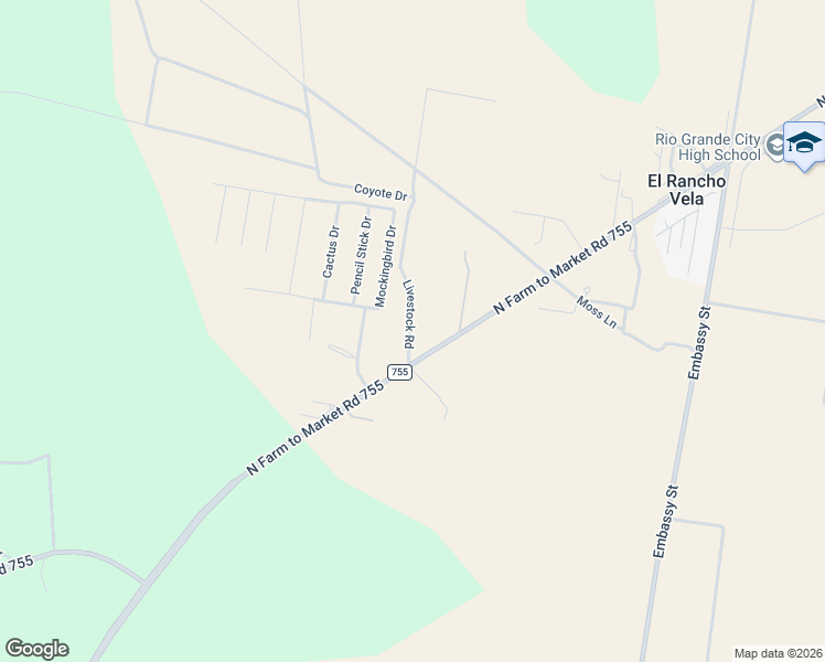 map of restaurants, bars, coffee shops, grocery stores, and more near 3618 Mockingbird Drive in Rio Grande City