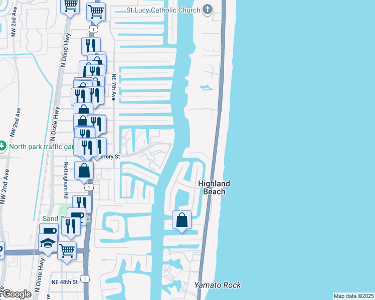map of restaurants, bars, coffee shops, grocery stores, and more near 1101 Highland Beach Drive in Highland Beach