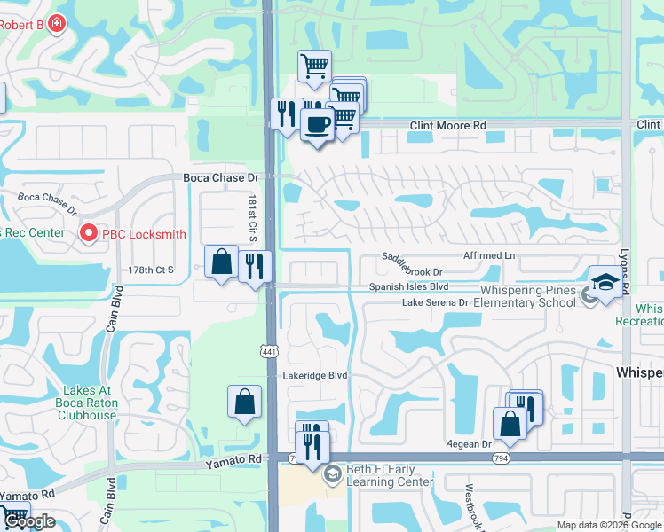 map of restaurants, bars, coffee shops, grocery stores, and more near 9842 Spanish Isles Drive in Boca Raton