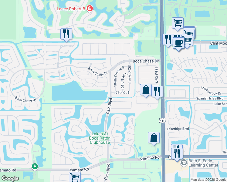 map of restaurants, bars, coffee shops, grocery stores, and more near 18349 104th Terrace South in Boca Raton