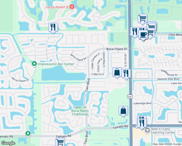 map of restaurants, bars, coffee shops, grocery stores, and more near 18349 104th Terrace South in Boca Raton