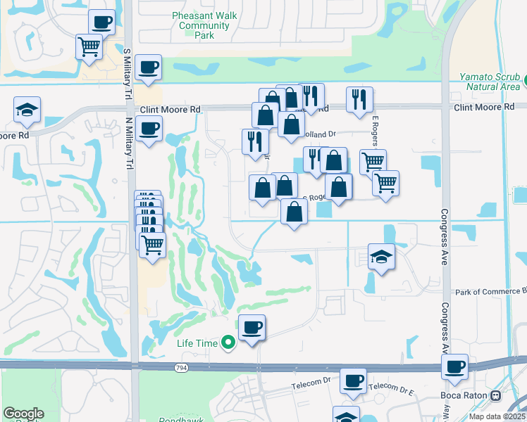 map of restaurants, bars, coffee shops, grocery stores, and more near 1200 South Rogers Circle in Boca Raton