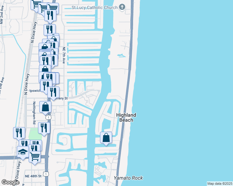 map of restaurants, bars, coffee shops, grocery stores, and more near 1111 Highland Beach Drive in Highland Beach