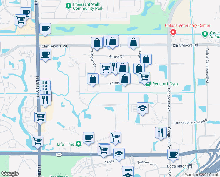 map of restaurants, bars, coffee shops, grocery stores, and more near 1120 South Rogers Circle in Boca Raton