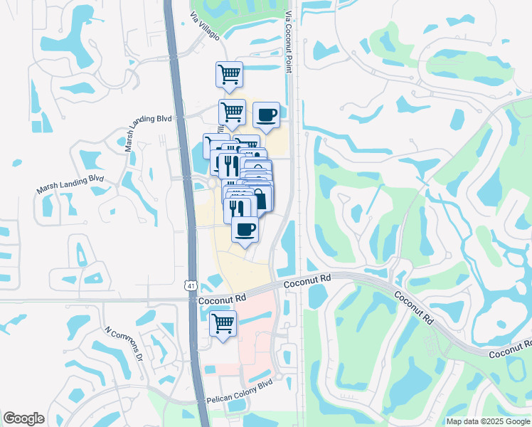 map of restaurants, bars, coffee shops, grocery stores, and more near Via Monte Carlo Way in Estero