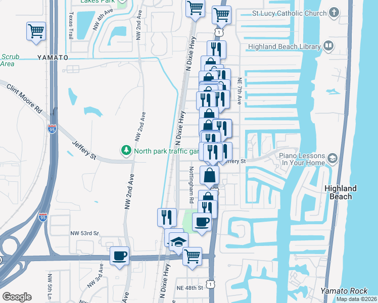 map of restaurants, bars, coffee shops, grocery stores, and more near 141 Ipswich Street in Boca Raton