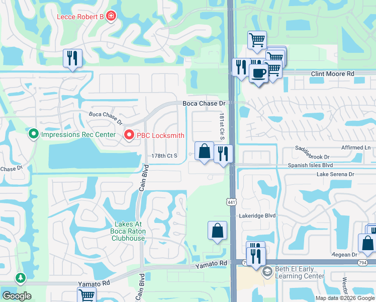 map of restaurants, bars, coffee shops, grocery stores, and more near 10223 Boca Vista Drive in Boca Raton