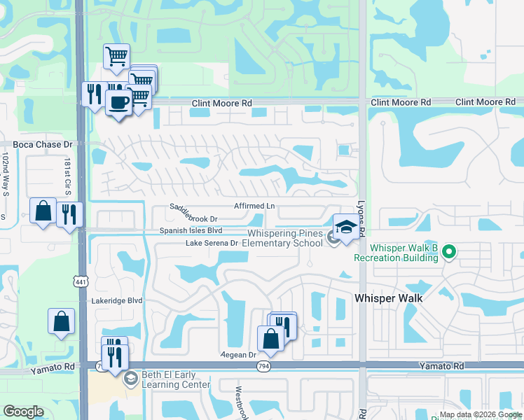 map of restaurants, bars, coffee shops, grocery stores, and more near 9309 Affirmed Lane in Boca Raton