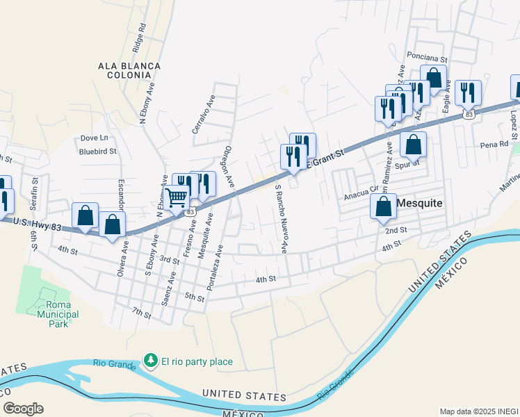 map of restaurants, bars, coffee shops, grocery stores, and more near 1724 East Grant Street in Roma