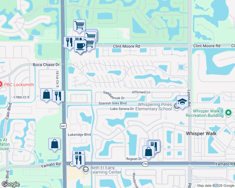 map of restaurants, bars, coffee shops, grocery stores, and more near 9489 Affirmed Lane in Boca Raton