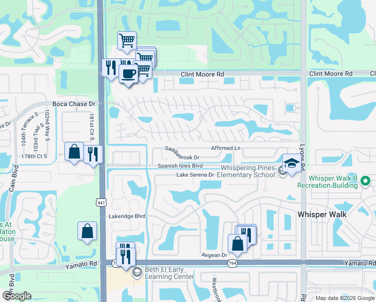 map of restaurants, bars, coffee shops, grocery stores, and more near 9522 Affirmed Lane in Boca Raton