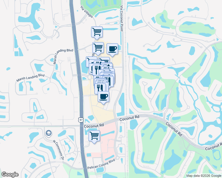 map of restaurants, bars, coffee shops, grocery stores, and more near 23141 Via Monte Carlo Way in Estero