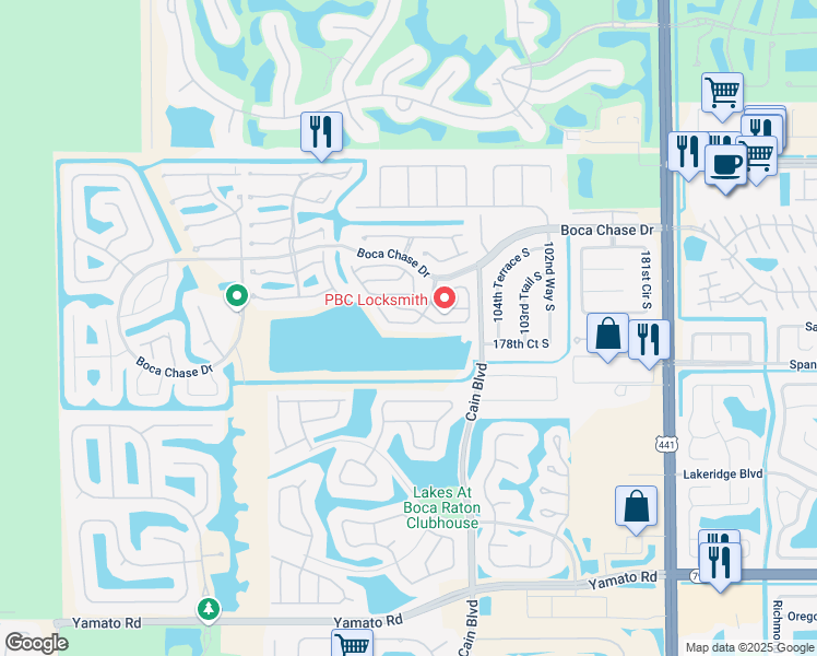 map of restaurants, bars, coffee shops, grocery stores, and more near 10672 Oak Lake Way in Boca Raton